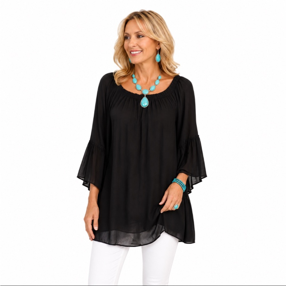 ELAN Black Peasant Blouse Lightweight Tiered Sleeve Top Size “OS” 💥NWOT💥